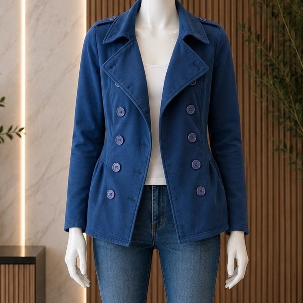 Aqua Women Jacket Blue Double Breasted Peplum Fleece Button Front Small
